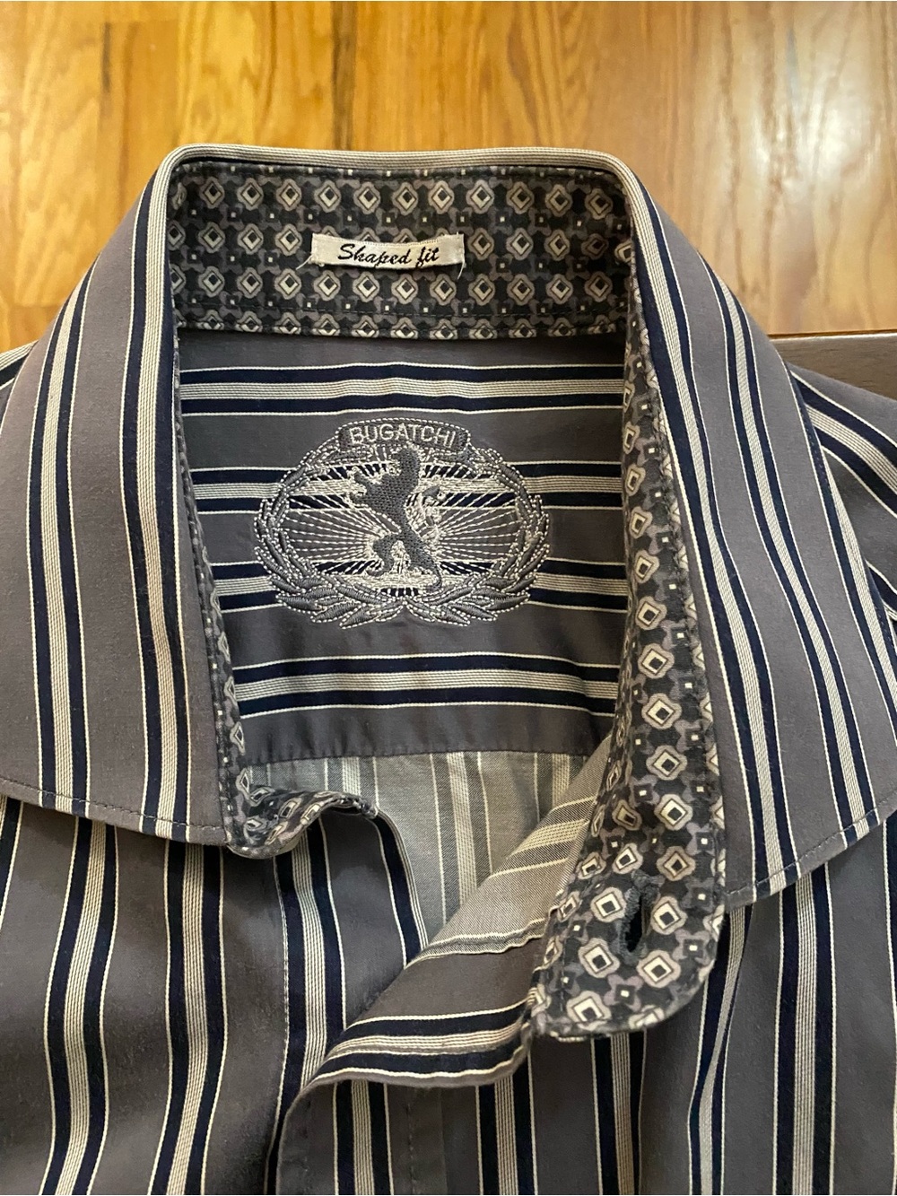 Bugatchi Blue and White Striped Dress Shirt with Patterned Contrast